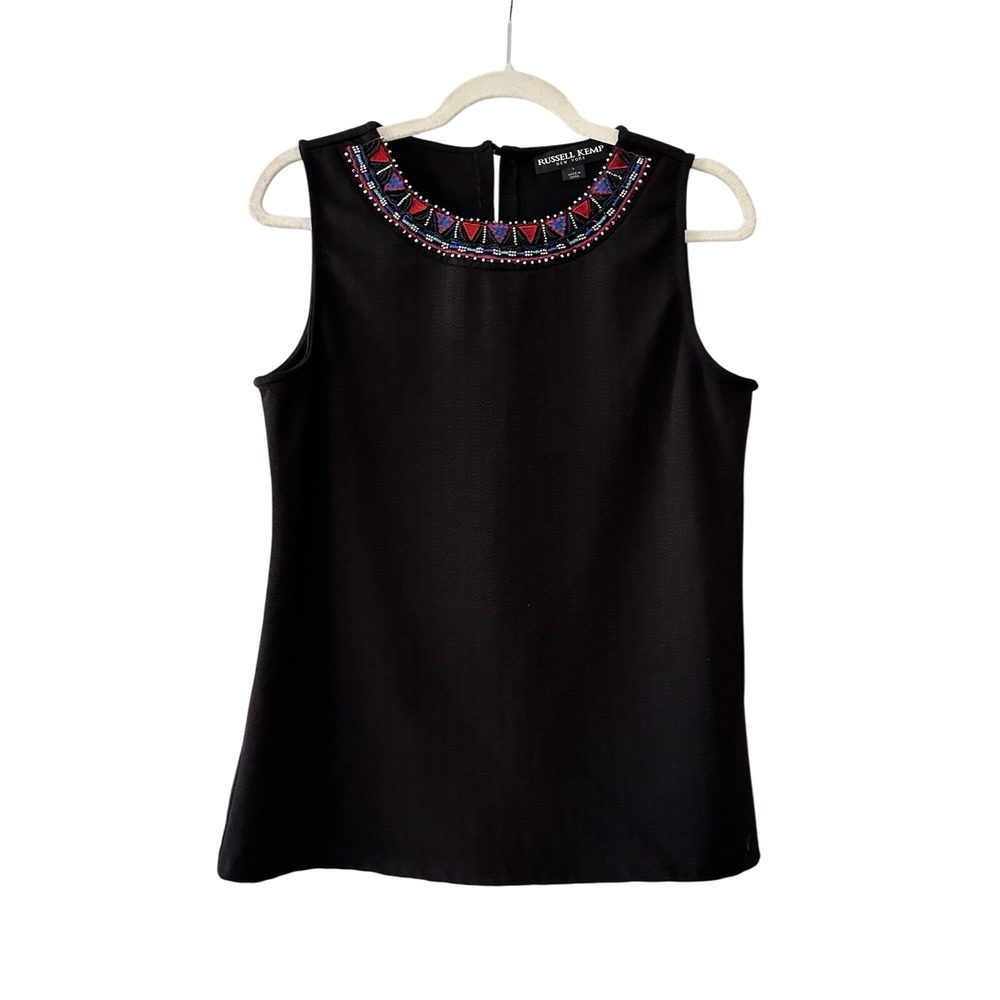 Russell Kemp Women's L Tank Top Black Beaded Embroidered‎ Blouse | SKU 0829